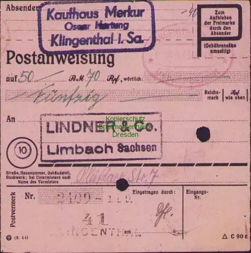 B16201 Gebühr bezahlt 1945 Postanweisung 41 Klingenthal Nummerator 14.9.45 nach