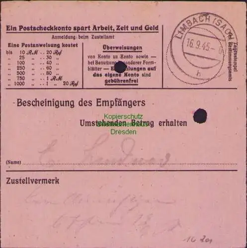 B16201 Gebühr bezahlt 1945 Postanweisung 41 Klingenthal Nummerator 14.9.45 nach