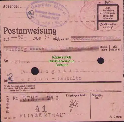 B16200 Gebühr bezahlt 1945 Postanweisung 41 Klingenthal Nummerator 28.9.45 nach