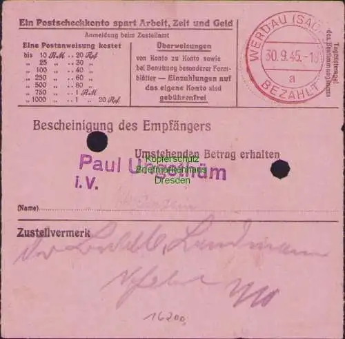 B16200 Gebühr bezahlt 1945 Postanweisung 41 Klingenthal Nummerator 28.9.45 nach