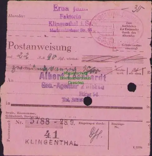 B16199 Gebühr bezahlt 1945 Postanweisung 41 Klingenthal Nummerator 28.9.45 nach