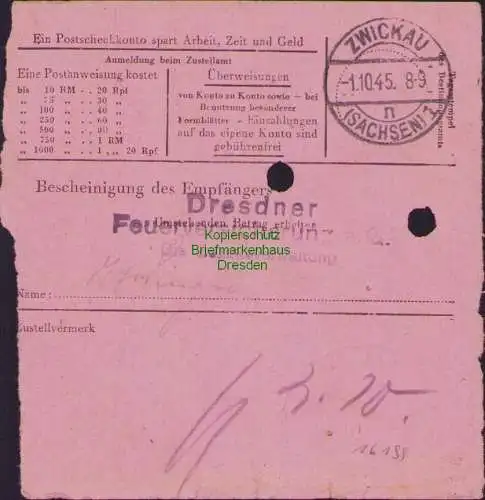 B16199 Gebühr bezahlt 1945 Postanweisung 41 Klingenthal Nummerator 28.9.45 nach