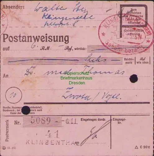 B16197 Gebühr bezahlt 1945 Postanweisung 41 Klingenthal Nummerator 6.11.45 nach