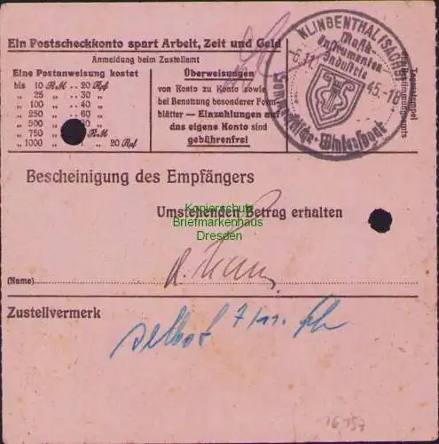 B16197 Gebühr bezahlt 1945 Postanweisung 41 Klingenthal Nummerator 6.11.45 nach