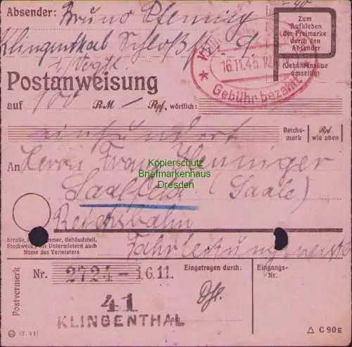 B16196 Gebühr bezahlt 1945 Postanweisung 41 Klingenthal Nummerator 16.11.45 nach