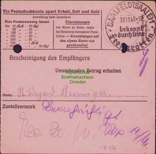 B16196 Gebühr bezahlt 1945 Postanweisung 41 Klingenthal Nummerator 16.11.45 nach