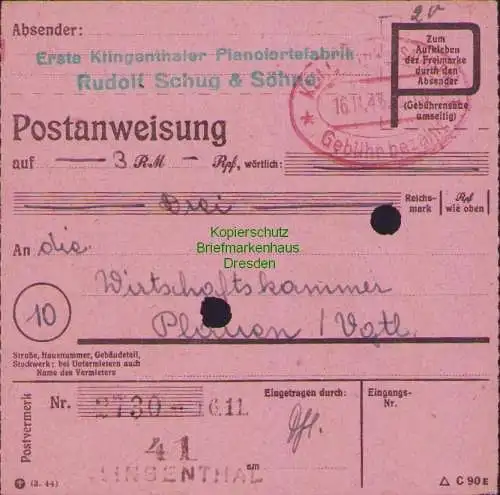 B16195 Gebühr bezahlt 1945 Postanweisung 41 Klingenthal Nummerator 16.11.45 nach