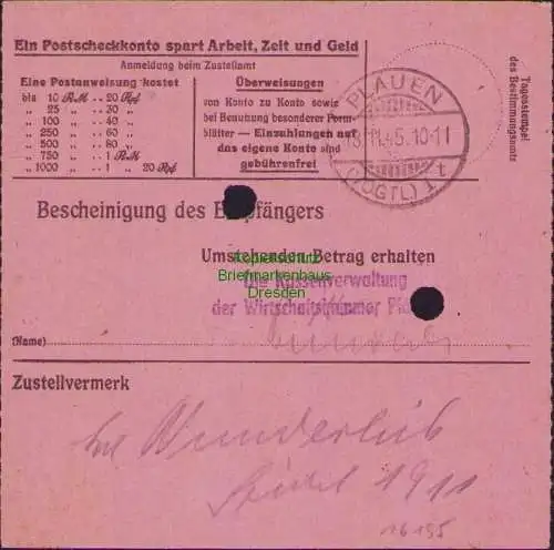 B16195 Gebühr bezahlt 1945 Postanweisung 41 Klingenthal Nummerator 16.11.45 nach