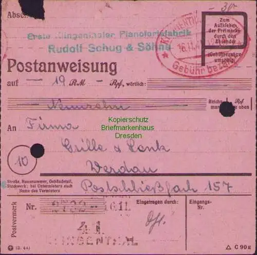 B16193 Gebühr bezahlt 1945 Postanweisung 41 Klingenthal Nummerator 16.11.45 nach