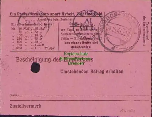 B16180 Gebühr bezahlt 1945 Postanweisung 41 Bad Brambach Nummerator 24.10.45 nac