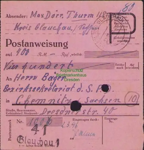 B16178 Gebühr bezahlt 1946 Postanweisung 41 Glauchau 2.3.46 Thurm nach Chemnitz