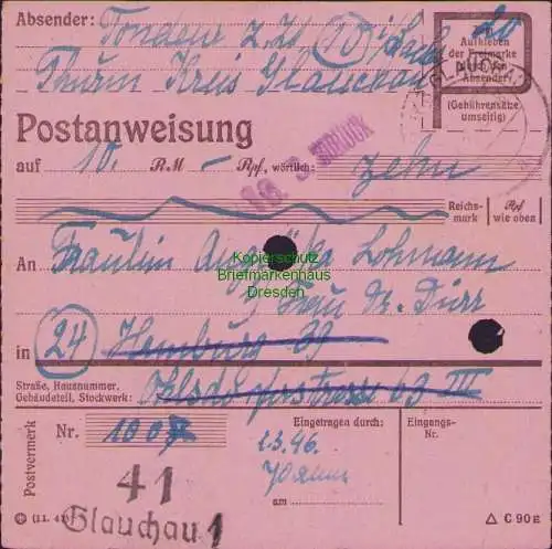 B16177 Gebühr bezahlt 1946 Postanweisung 41 Glauchau zurück nicht zugelassen 2.3