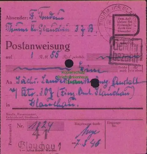 B16176 Gebühr bezahlt 1946 Postanweisung 41 Glauchau 7.3.46 Thurm nach Glauchau