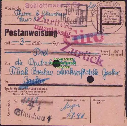 B16174 Gebühr bezahlt 1946 Postanweisung 41 Glauchau unzulässig zurück 1.3.46