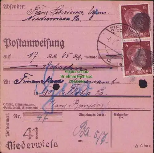 B16172 Sächsische Schwärzung 1945 Postanweisung 41 Niederwiesa 6.7.45 2x 15 Pfg.