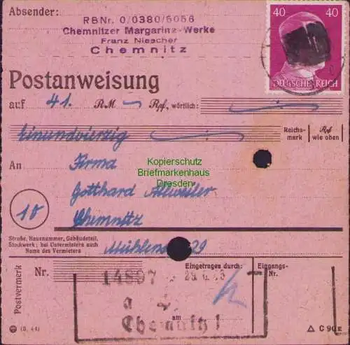 B16161 Gebühr bezahlt 1945 Postanweisung 41 Chemnitz Nummerator 29.6.45