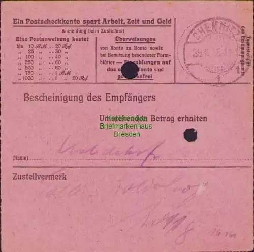 B16161 Gebühr bezahlt 1945 Postanweisung 41 Chemnitz Nummerator 29.6.45