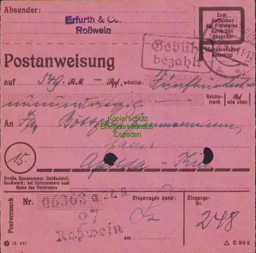 B16158 Gebühr Bezahlt 1945 Postanweisung 27 Roßwein Nummerator 28.9.45 nach Apol