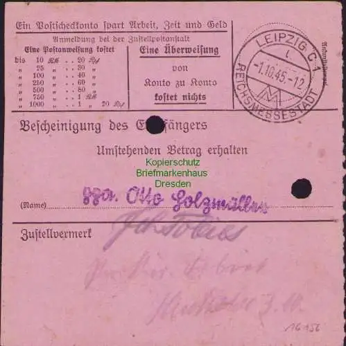 B16156 Gebühr Bezahlt 1945 Postanweisung 27 Wurzen Nummerator 28.9.45 nach Leipz