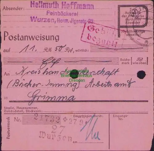 B16153 Gebühr Bezahlt 1945 Postanweisung 27 Wurzen Nummerator 27.9.45 nach Grimm