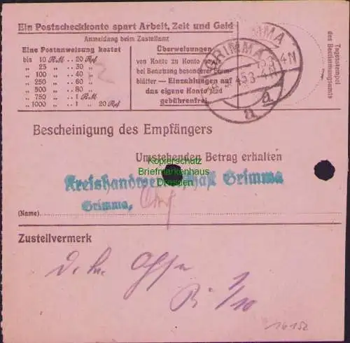 B16152 Gebühr Bezahlt 1945 Postanweisung 27 Wurzen Nummerator 27.9.45 nach Grimm