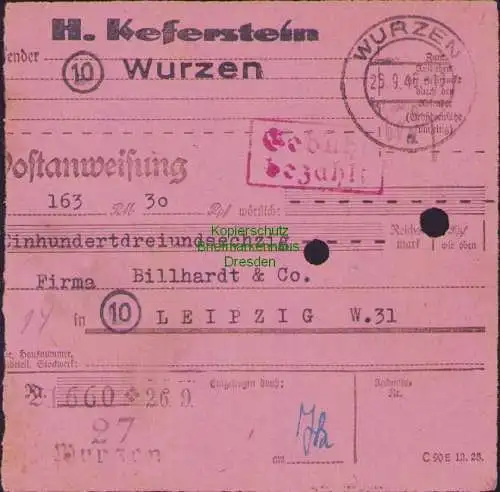 B16149 Gebühr Bezahlt 1945 Postanweisung 27 Wurzen Nummerator  26.9.45 nach Leip