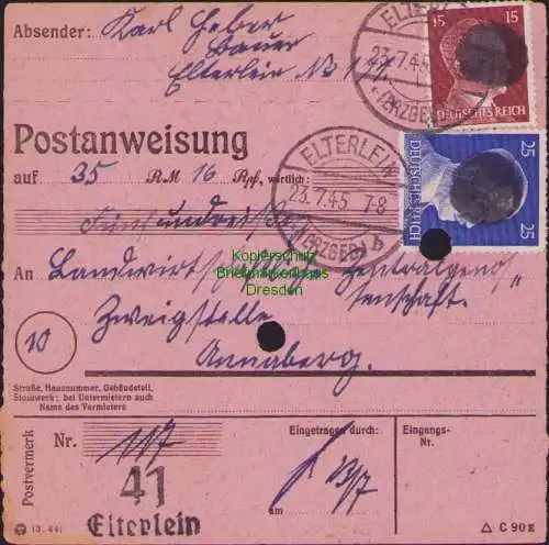 B16146 Sächsische Schwärzung 1945 Postanweisung 41 Elterlein 23.7.45 15, 25 Pfg.