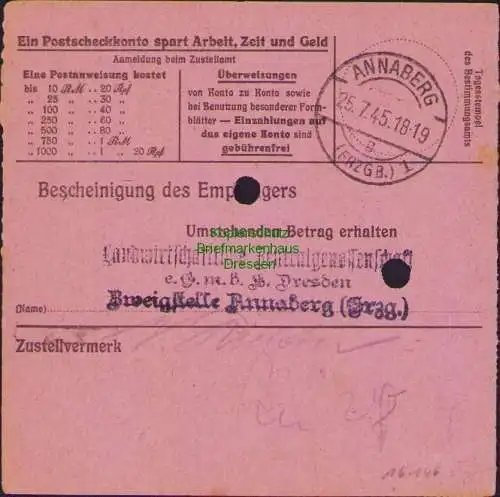 B16146 Sächsische Schwärzung 1945 Postanweisung 41 Elterlein 23.7.45 15, 25 Pfg.