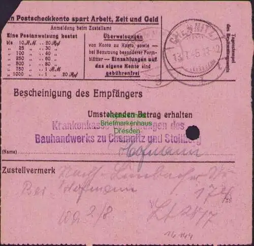 B16144 Sächsische Schwärzung 1945 Postanweisung 41 Niederwiesa 20 Pfg. EF 12.7.4