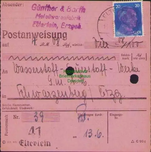 B16143 Sächsische Schwärzung 1945 Postanweisung 41 Elterlein 20 Pfg.  EF 13.6.45