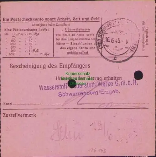 B16143 Sächsische Schwärzung 1945 Postanweisung 41 Elterlein 20 Pfg.  EF 13.6.45