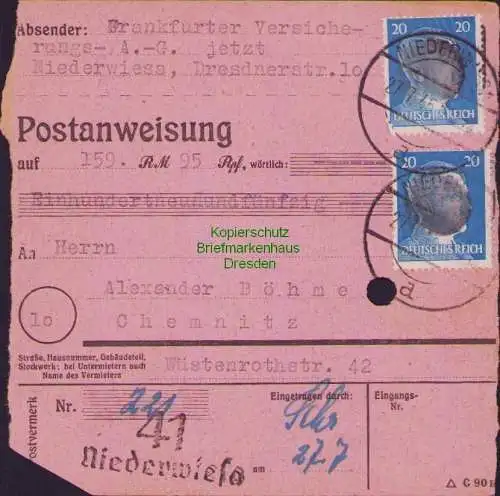 B16141 Sächsische Schwärzung 1945 Postanweisung 41 Niederwiesa 27.7.45 3x 20 Pfg