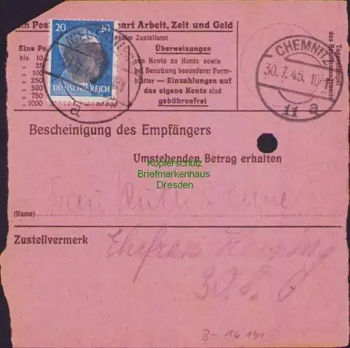 B16141 Sächsische Schwärzung 1945 Postanweisung 41 Niederwiesa 27.7.45 3x 20 Pfg