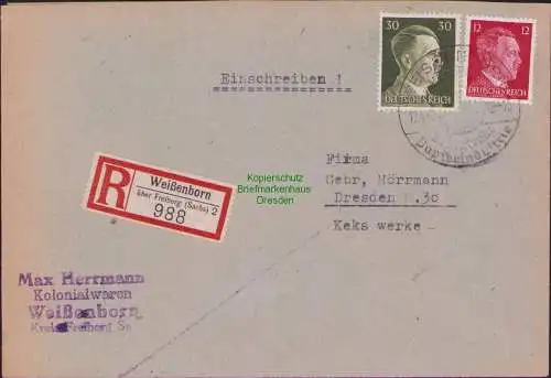 B17535 Einschreiben R-Brief 988 an Gebr. Hörmann A.-G. Weißenborn über Freiberg