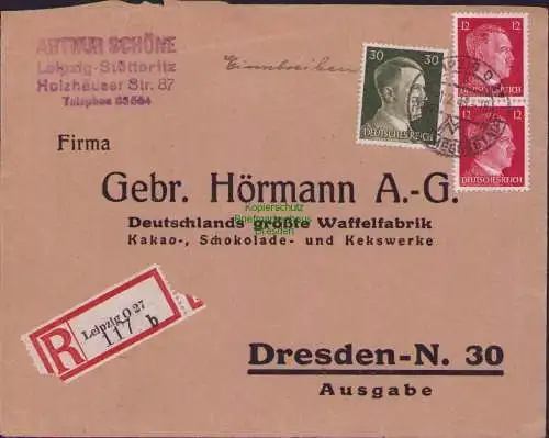 B17459 Einschreiben R-Brief 117 an Gebr. Hörmann A.-G. Leipzig O 27 1943