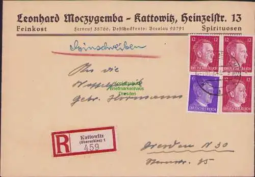 B17456 Einschreiben R-Brief an Gebr. Hörmann A.-G. Kattowitz 1942