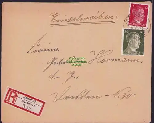 B17450 Einschreiben R-Brief an Gebr. Hörmann A.-G. Jonsdorf über Zittau 1943