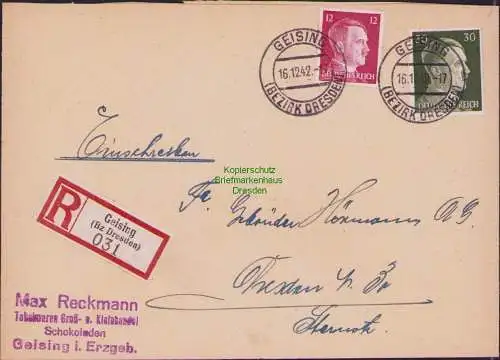 B17436 Einschreiben R-Brief 031 an Gebr. Hörmann A.-G. Geising Bez. Dresden 1942