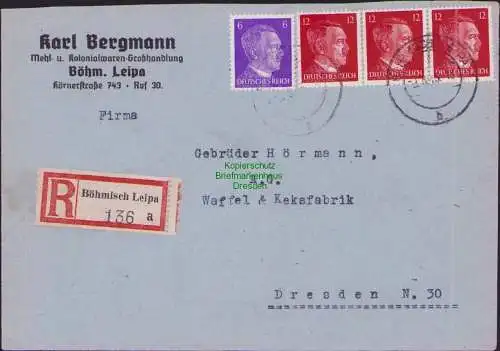 B17414 Einschreiben R-Brief an Gebr. Hörmann A.-G. Böhmisch Leipa 1943