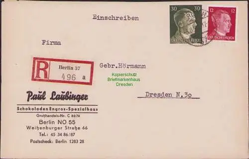 B17406 Einschreiben R-Brief an Gebr. Hörmann A.-G. Berlin 37 1943