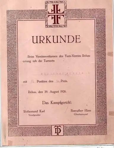 94912 AK Turn und Sportfeste Urkunde Rehau 1926 Oberfranken