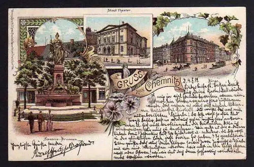 92145 AK Chemnitz Litho 1899 Börse Stadttheater Saxonia Brunnen