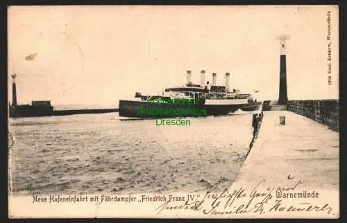 146145 AK Warnemünde 1904 Neue Hafeneinfahrt mit Fährdampfer Friedrich Dranz IV.