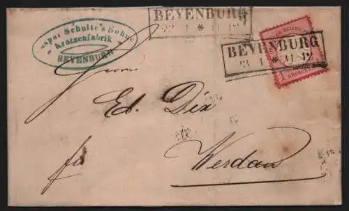 B12398 Deutsches Reich DR 4 Brief Beyenburg 22.1.72 Kratzenfabrik 1872 Brustschi