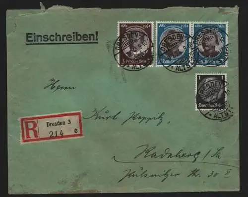 B12341 Brief DR je 2x 540 543 Kolonialforscher Einschreiben Dresden 1934 Radeber