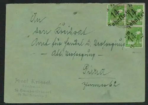 h5394 SBZ Handstempel Bezirk 14 Brief Hohnstein 3x 10 Pfg. Aufbrauch 12.7.