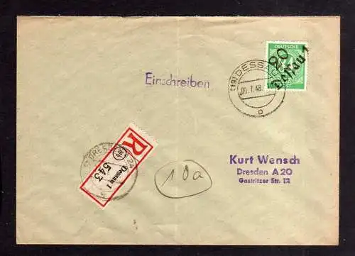 h689 Brief Handstempel Bezirk 20 Dessau 9.7.48 Ziffer 84 Einschreiben nach Dresd