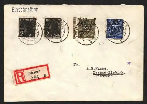 h5926 SBZ Handstempel Bezirk 20 Dessau 1 Ziffer 30 + 1f Ziffer 75 Einschreiben