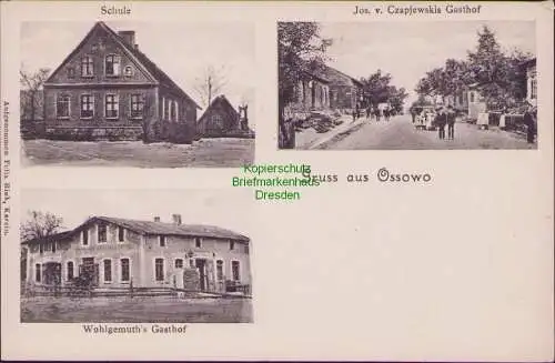 161009 AK Ossowo Karzin Kreis Stolp i Pomm. um 1905 Schule Wohlgemuth's Gasthof