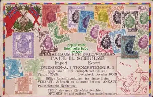 161070 AK Philatelie Postkarte China Hongkong um 1910 Briefmarken Paul Schulze